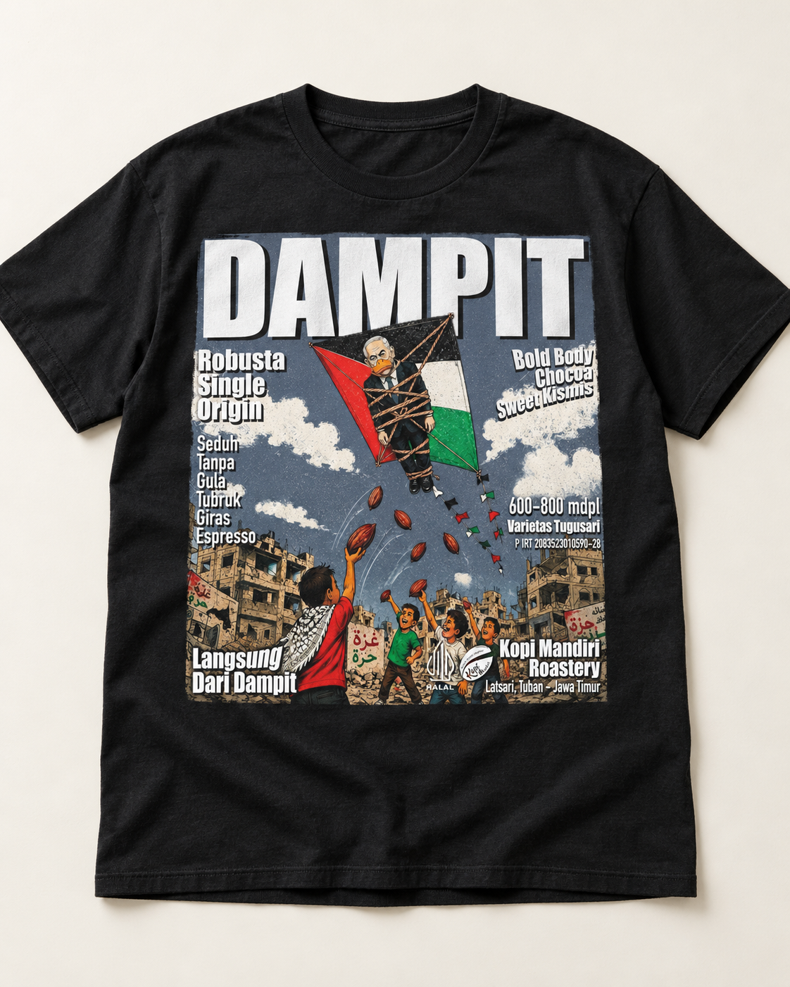 Mockup sablon desain Dampit pada kaos hitam