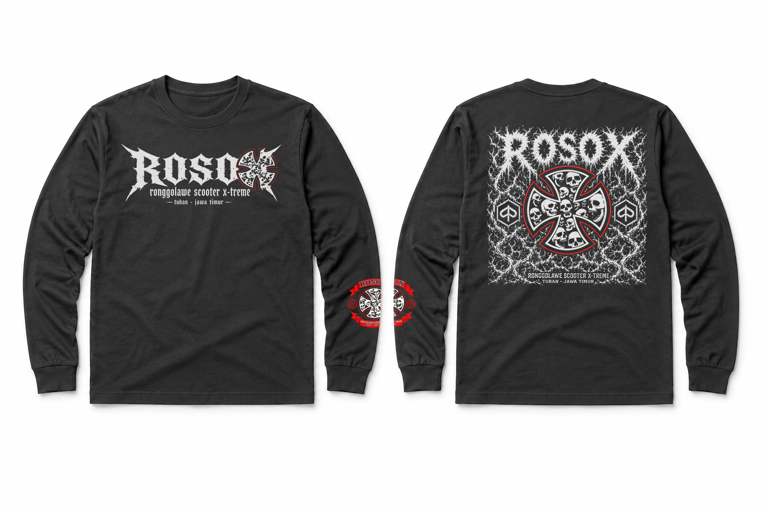 Mockup kaos Rosox lengan panjang, depan dan belakang